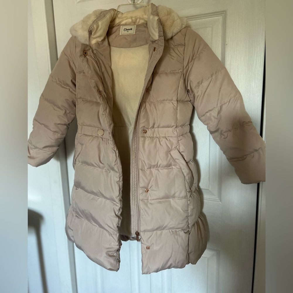 Girl Kids' puffer coat with hoodie faux fur trim asian size 140